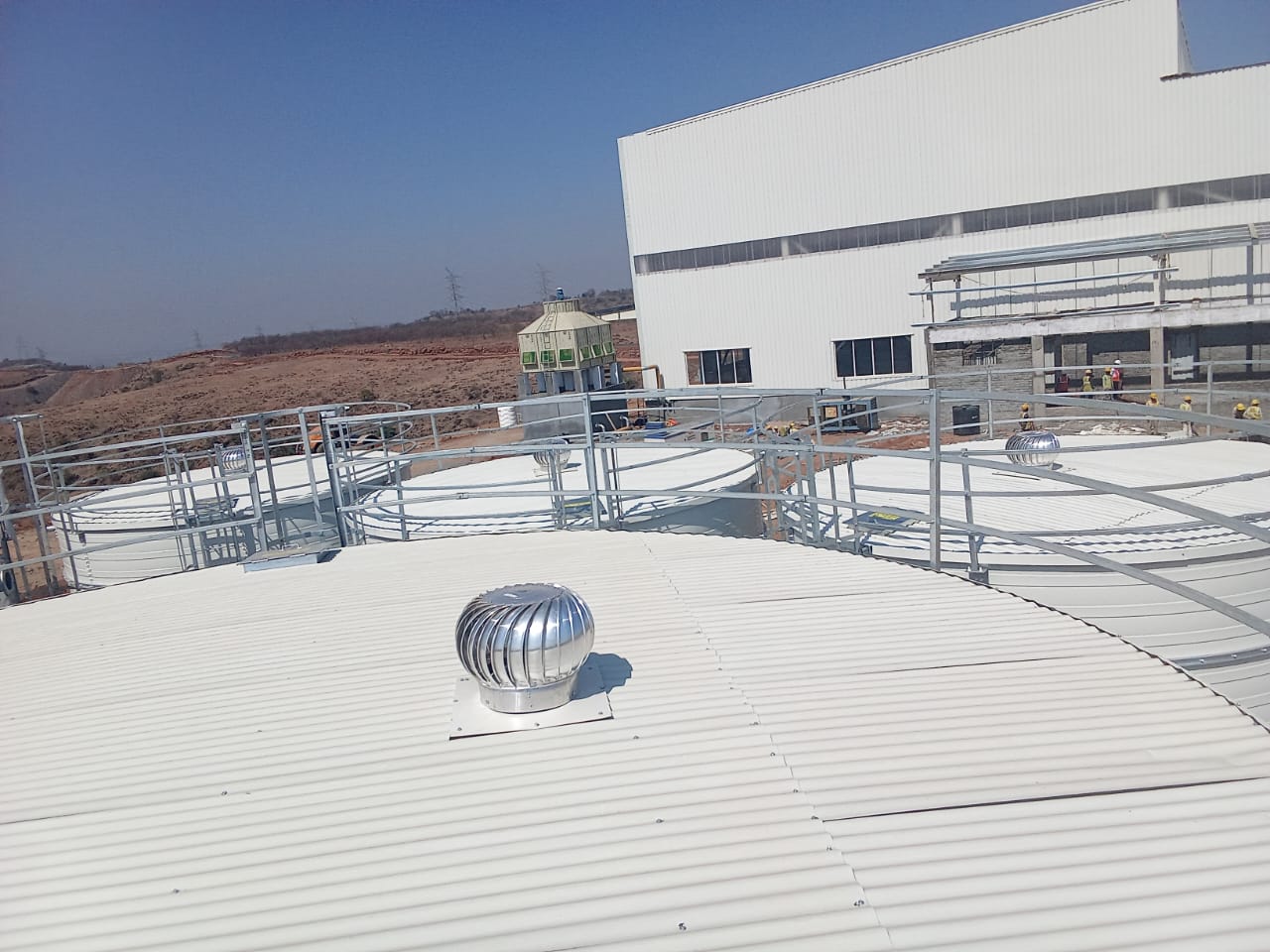 White Zinc Aluminium Steel tank roof with railings and ventilator detail
